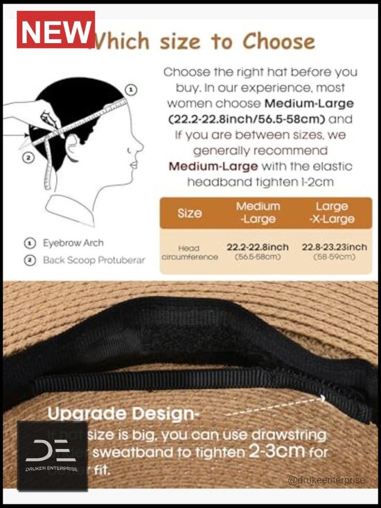 Wide Brim Fedora Straw Beach Hat UPF 80+ Sun Protection Adjustable
